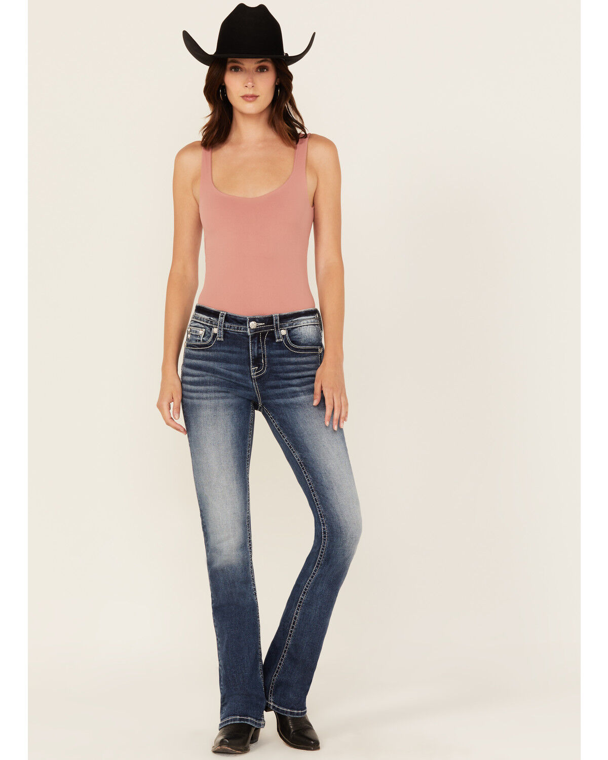 Image #3 - Miss Me Women's Dark Wash Mid Rise Cross Pocket 34" Bootcut Stretch Denim Jeans, Dark Wash, hi-res