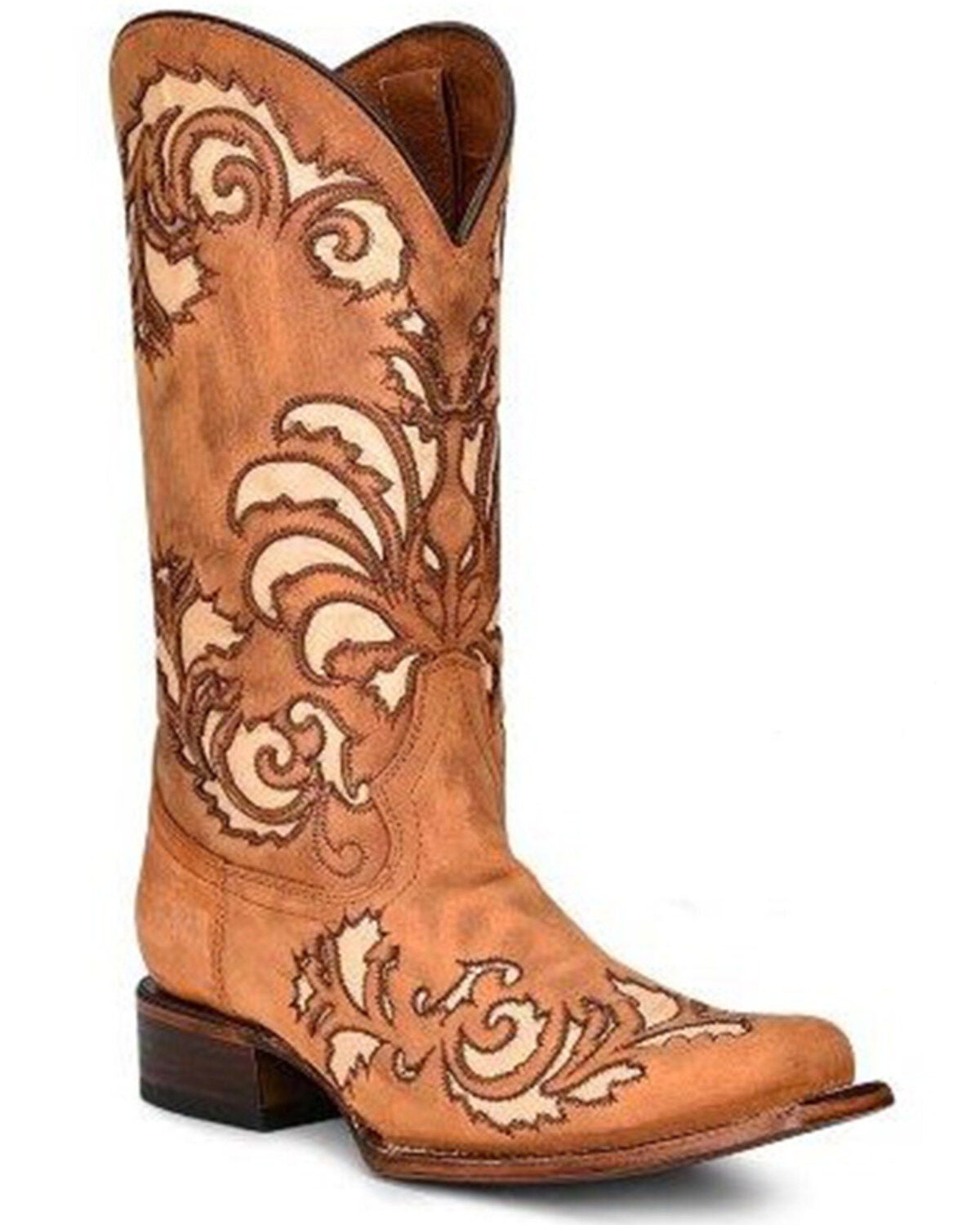 Circle G Women's Honey Inlay & Embroidery Tall Western Boots - Square Toe, Honey, hi-res