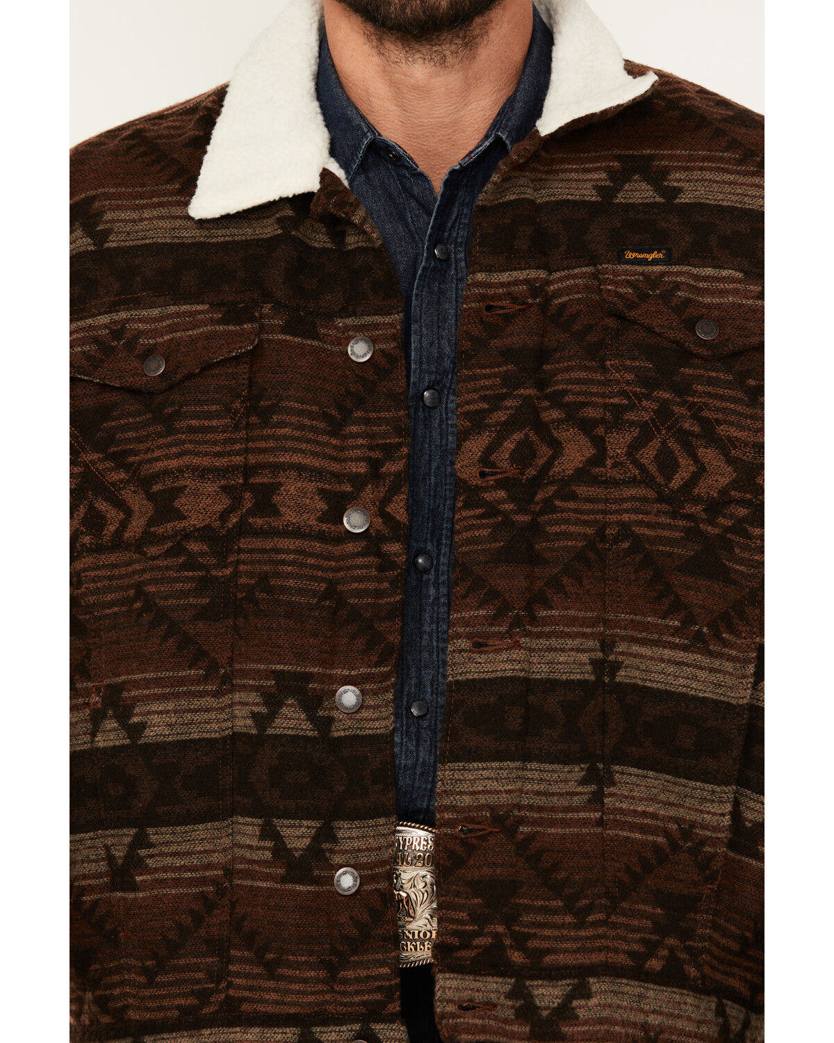 Image #3 - Wrangler Men's Southwestern Print Sherpa Lined Jacket, Brown, hi-res
