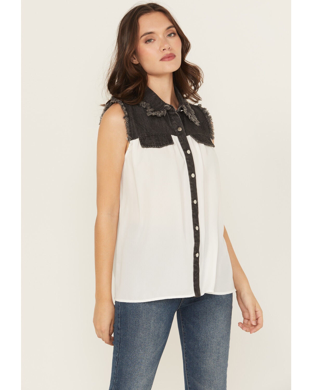 Cowgirl Hardware Women's Sleeveless Denim Chiffon Blouse, Black, hi-res