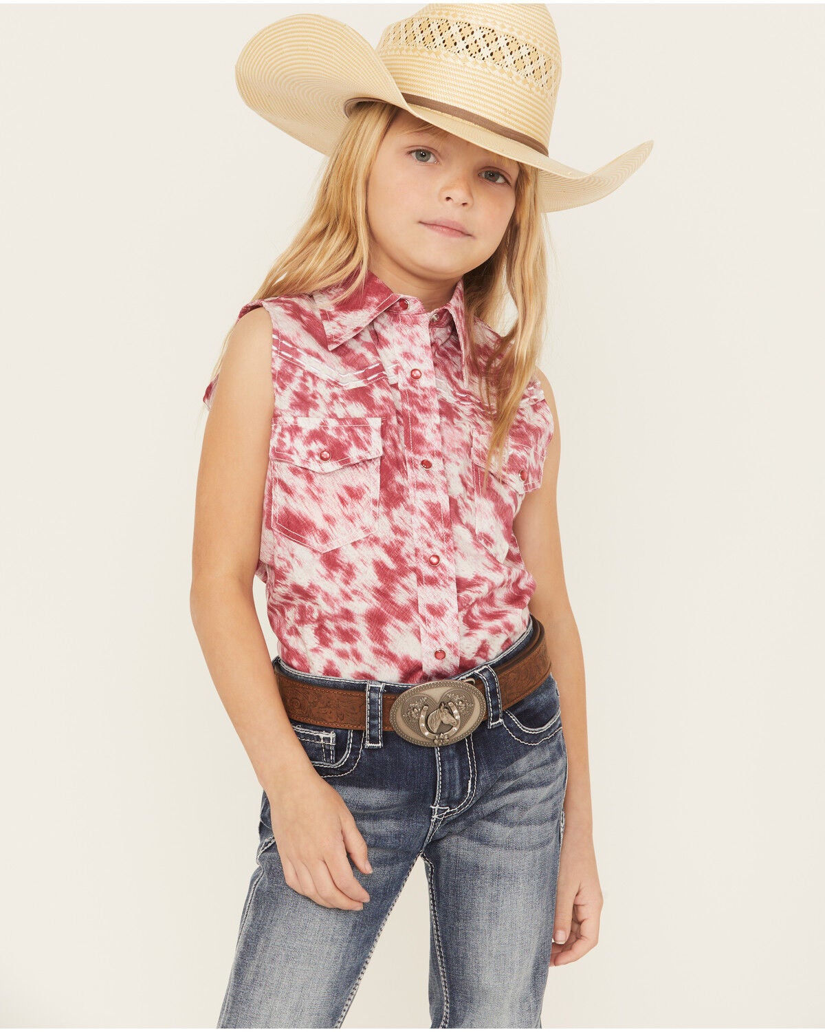 Cowgirl Hardware Girls' Cowhide Print Sleeveless Snap Stretch Western Shirt, Pink, hi-res