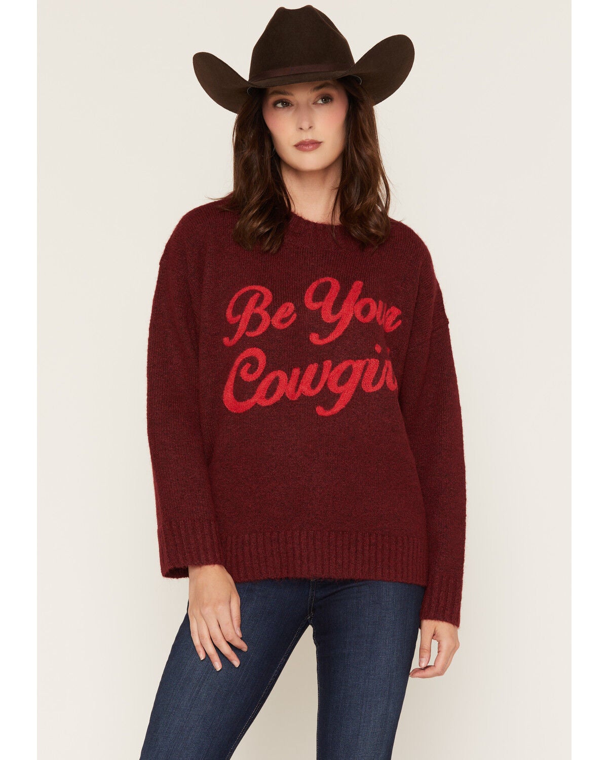 Image #1 - Baevely Women's Be Cowgirl Sweater, Burgundy, hi-res
