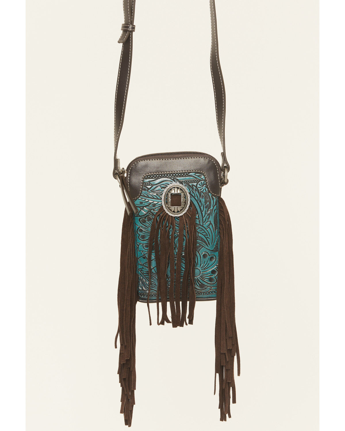 Image #2 - Shyanne Women's Ivy Tooled Fringe Cell Phone Crossbody Bag, Turquoise, hi-res