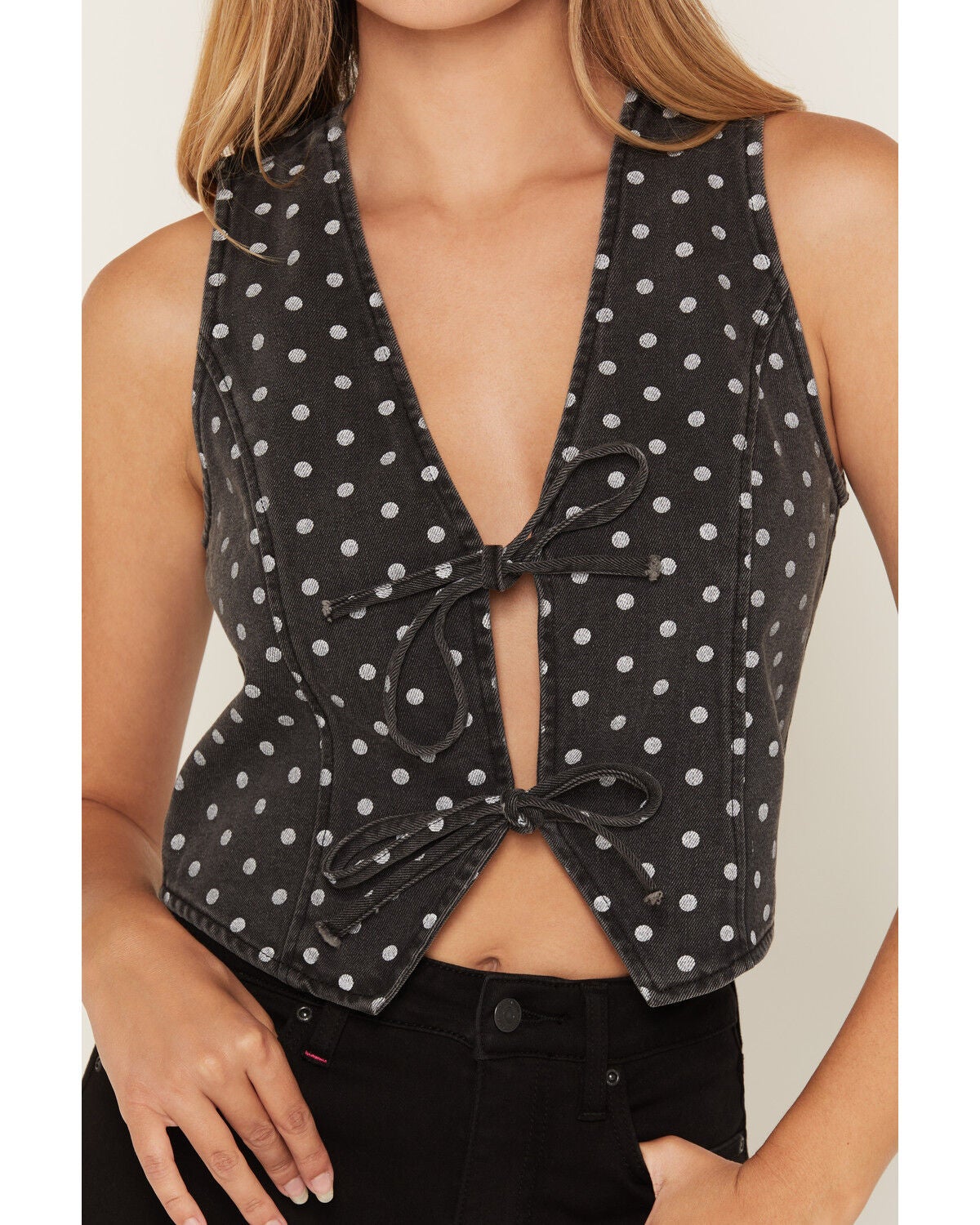 Image #3 - Ashley Women's Boot Barn Exclusive Polka Dot Print Tie-Front Denim Vest, Black, hi-res