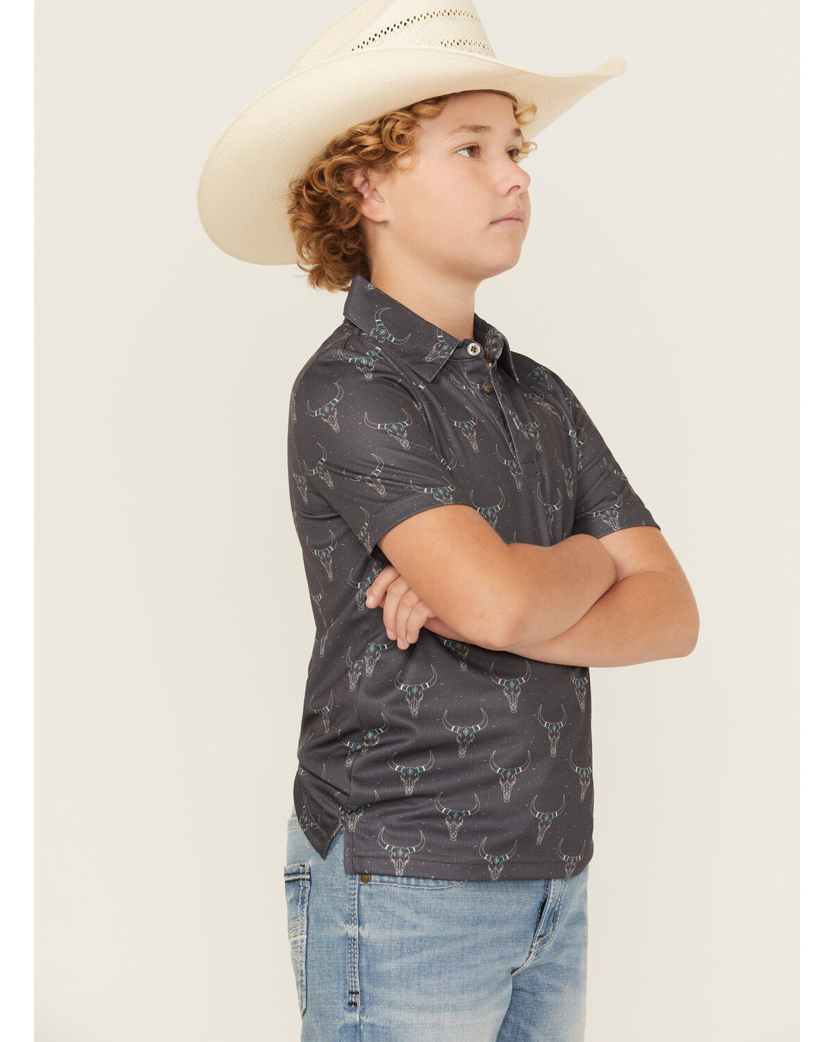 Product Name:  Rock & Roll Denim Boys' Long Horn Print Short Sleeve Button-Down Polo