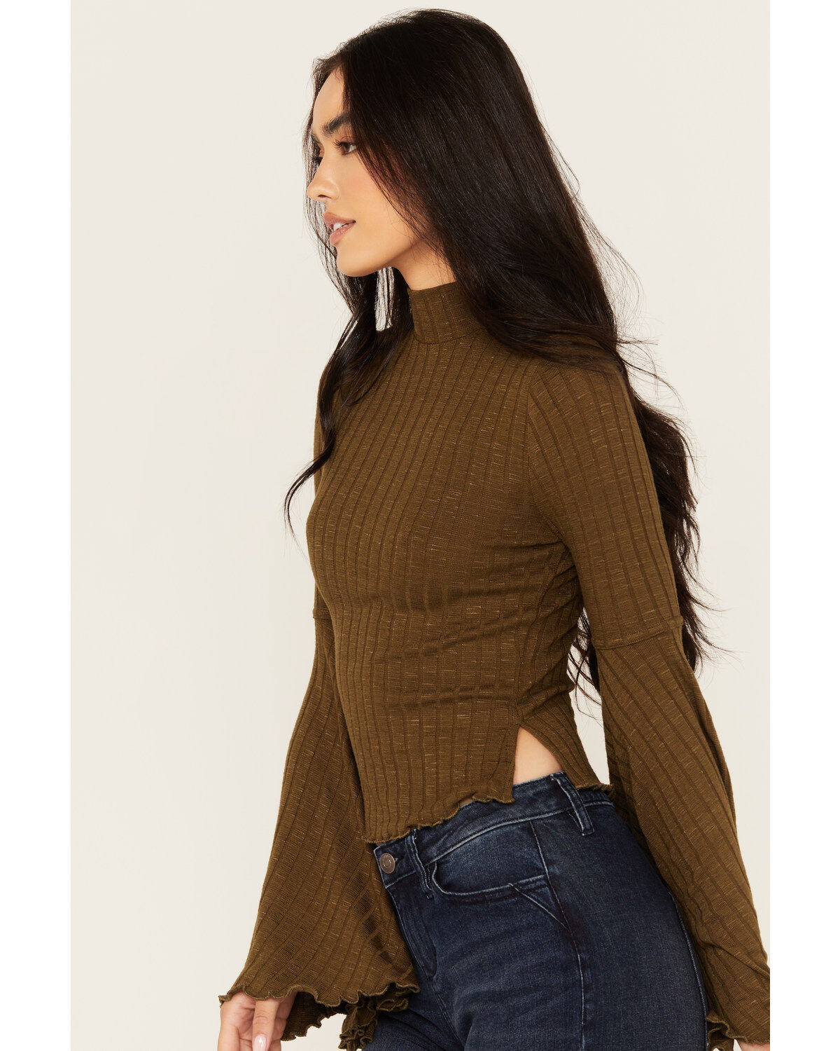 Image #2 - Shyanne Women's Rib Knit Mock Neck Bell Sleeve Top, Forest Green, hi-res