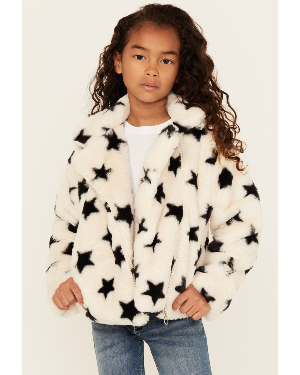 Image #1 - Urban Republic Girls' Star Print Faux Fur Moto Jacket, , hi-res
