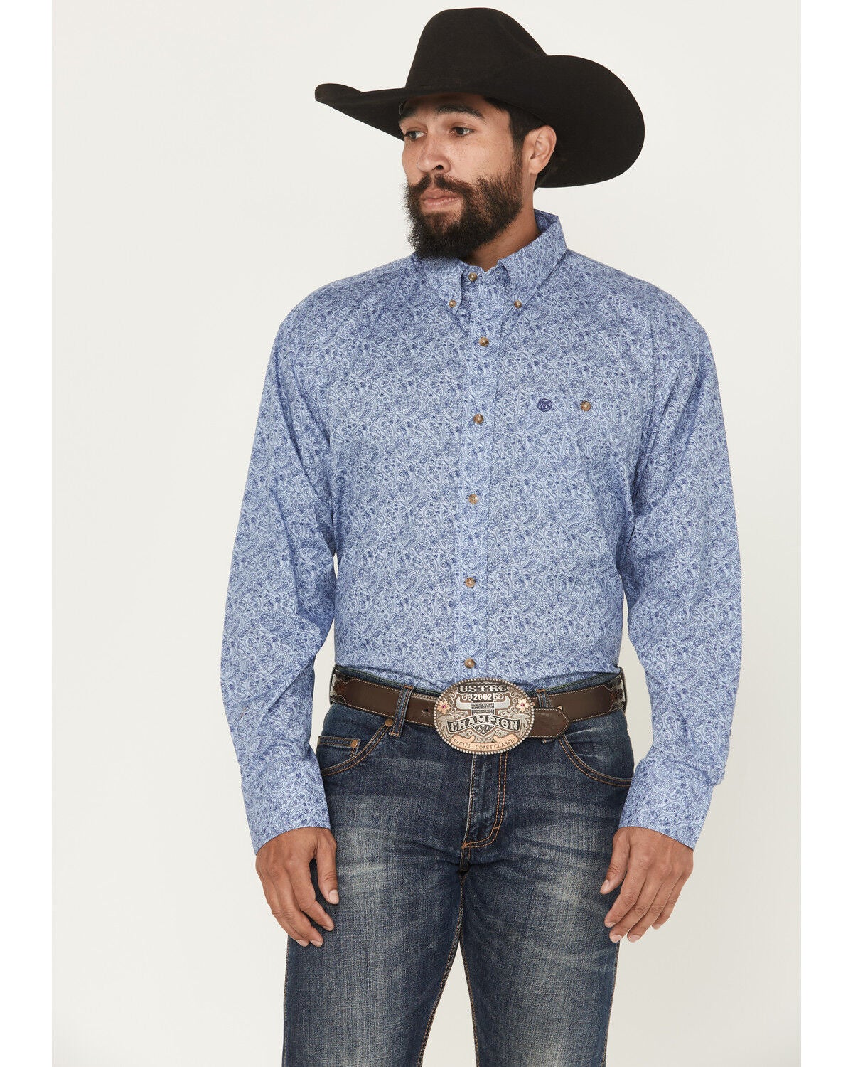 Wrangler Men's Paisley Print Long Sleeve Button-Down Stretch Western Shirt - Tall, Blue, hi-res