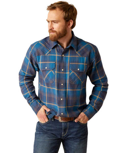 Image #1 - Ariat Men's Harland Retro Fit Plaid Print Long Sleeve Snap Western Shirt , Teal, hi-res