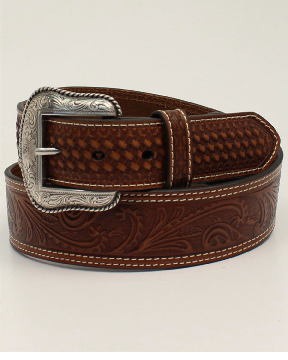 Image #1 - M & F Western Men's Basketweave Floral & Filigree Leather Western Belt, Brown, hi-res