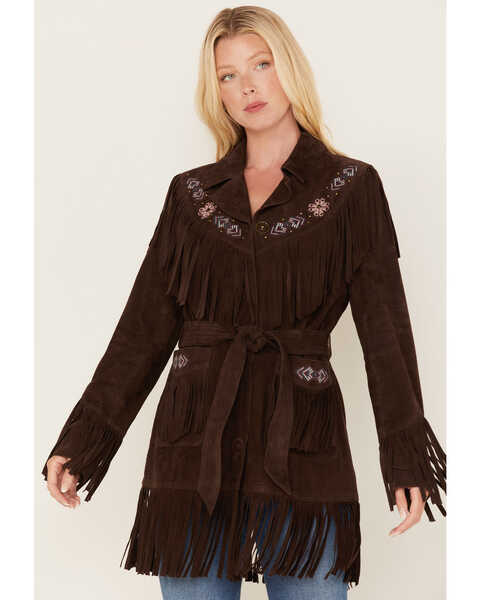 Idyllwind Women's Batavia Embroidered Fringe Suede Coat, Dark Brown, hi-res