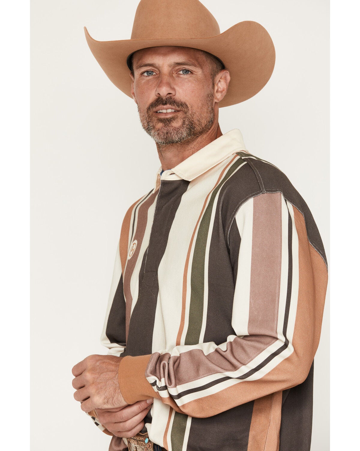 Image #2 - Zach Top X Kimes Ranch Men's Wyatt Striped Long Sleeve Button-Down Polo Shirt, Brown, hi-res