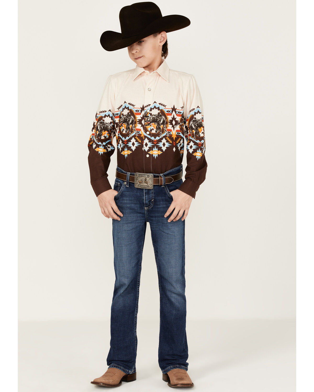 Image #2 - Panhandle Boys' Southwestern Border Print Long Sleeve Snap Shirt, Natural, hi-res