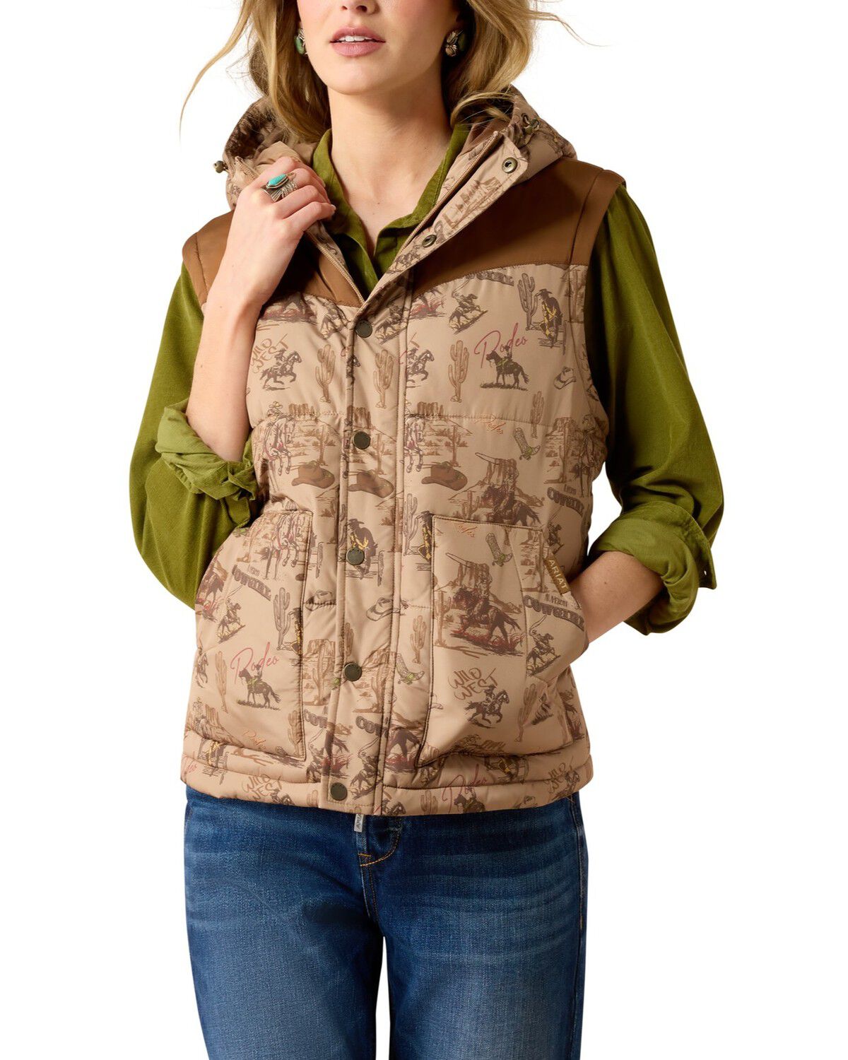 Image #1 - Ariat Women's Frontier Rodeo Print Puffer Vest, Wheat, hi-res