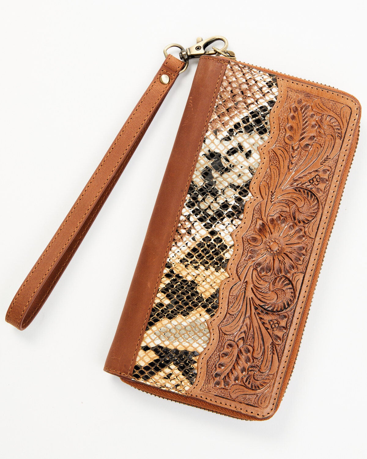 Shyanne Women's Snake Print Tooled Wallet, Brown, hi-res