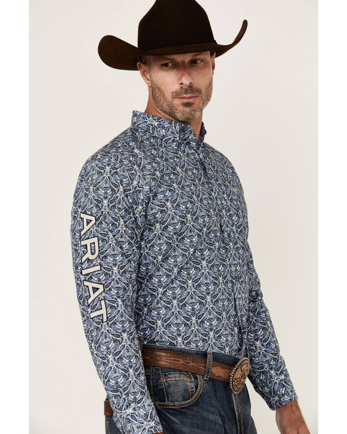 Image #3 - Ariat Men's Team Orlando Medallion Print Logo Long Sleeve Button-Down Western Shirt, Blue, hi-res