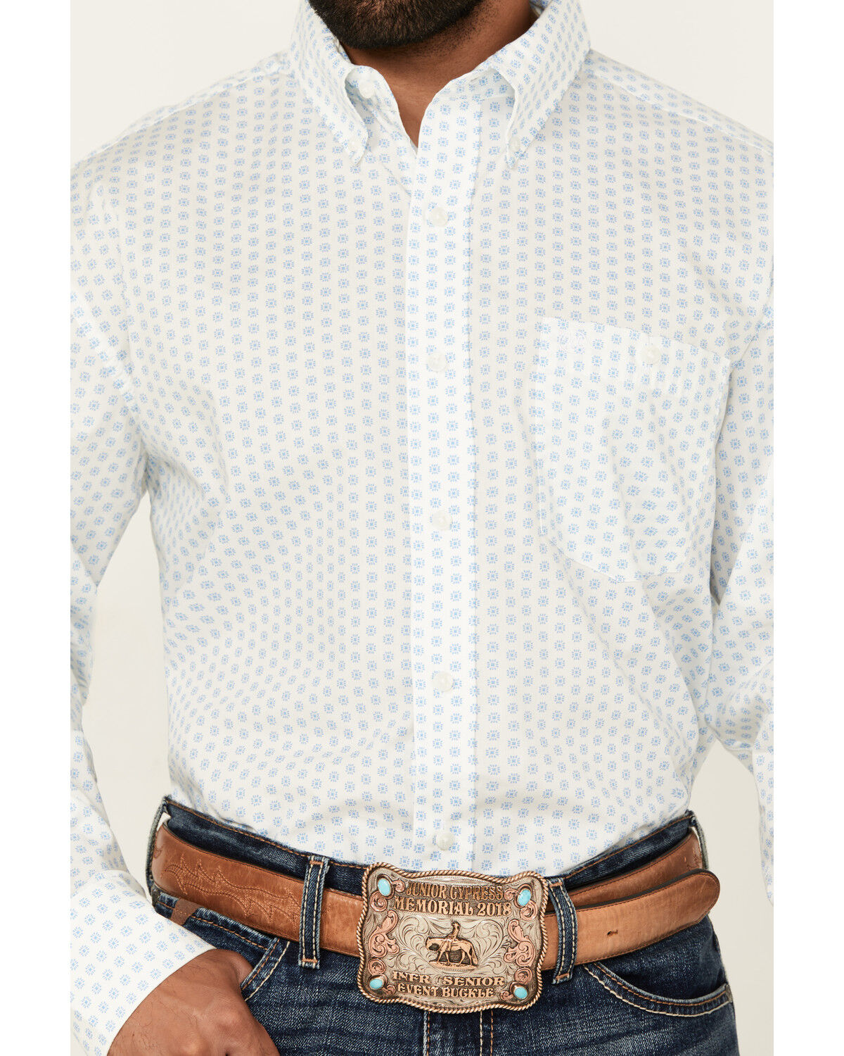 Image #3 - Wrangler Men's Classic Geo Print Long Sleeve Button-Down Stretch Western Shirt, Blue, hi-res