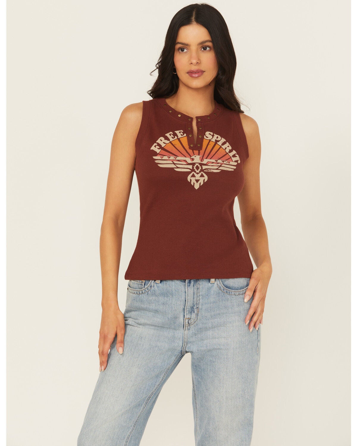 Shyanne Women's Free Spirit Studded Ribbed Tank, Mahogany, hi-res