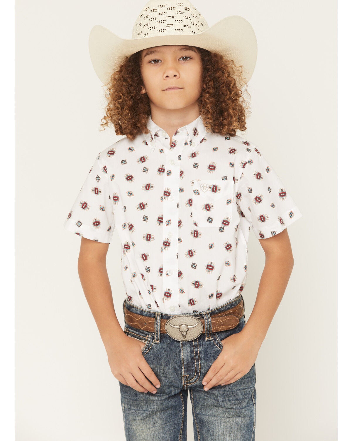 Ariat Boys' Geo Short Sleeve Button-Down Western Shirt, Tan, hi-res