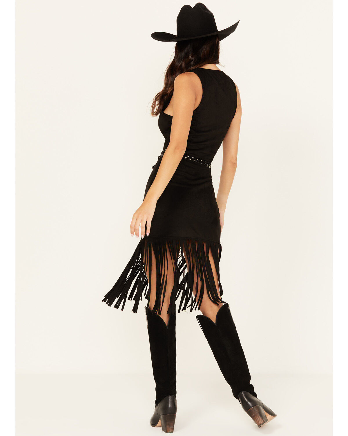 Image #4 - Rock & Roll Denim Women's Faux Suede Fringe Belted Mini Dress, Black, hi-res