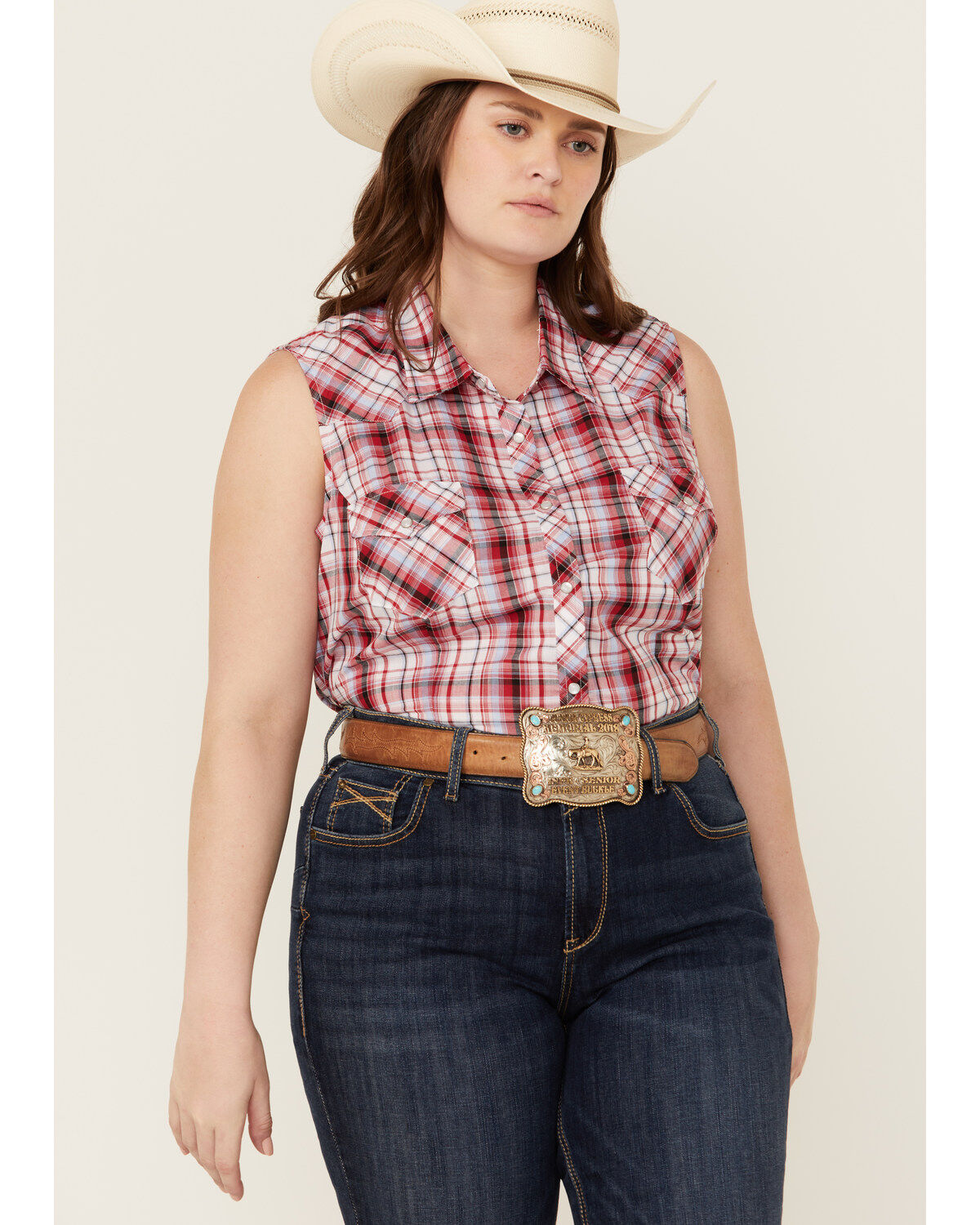 Image #1 - Roper Women's Classic Plaid Print Sleeveless Western Snap Shirt - Plus, , hi-res