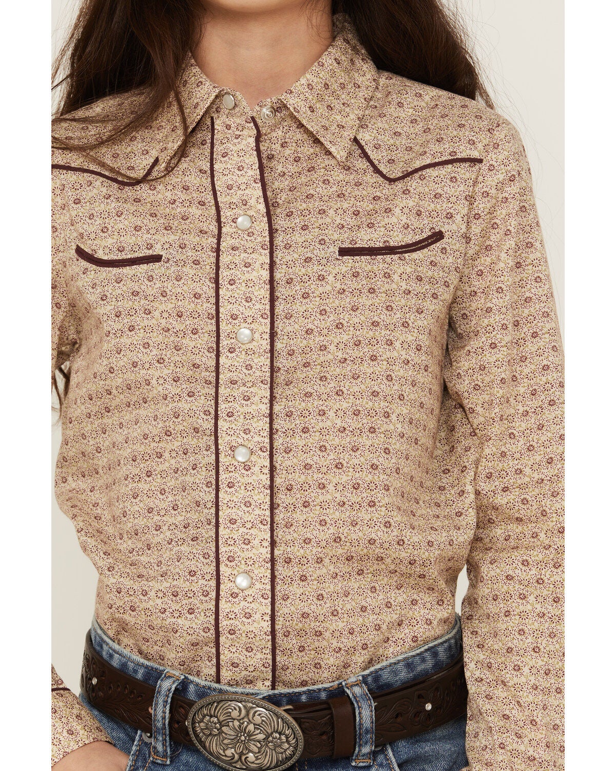 Image #3 - Roper Girls' Floral Print Long Sleeve Western Pearl Snap Shirt, , hi-res