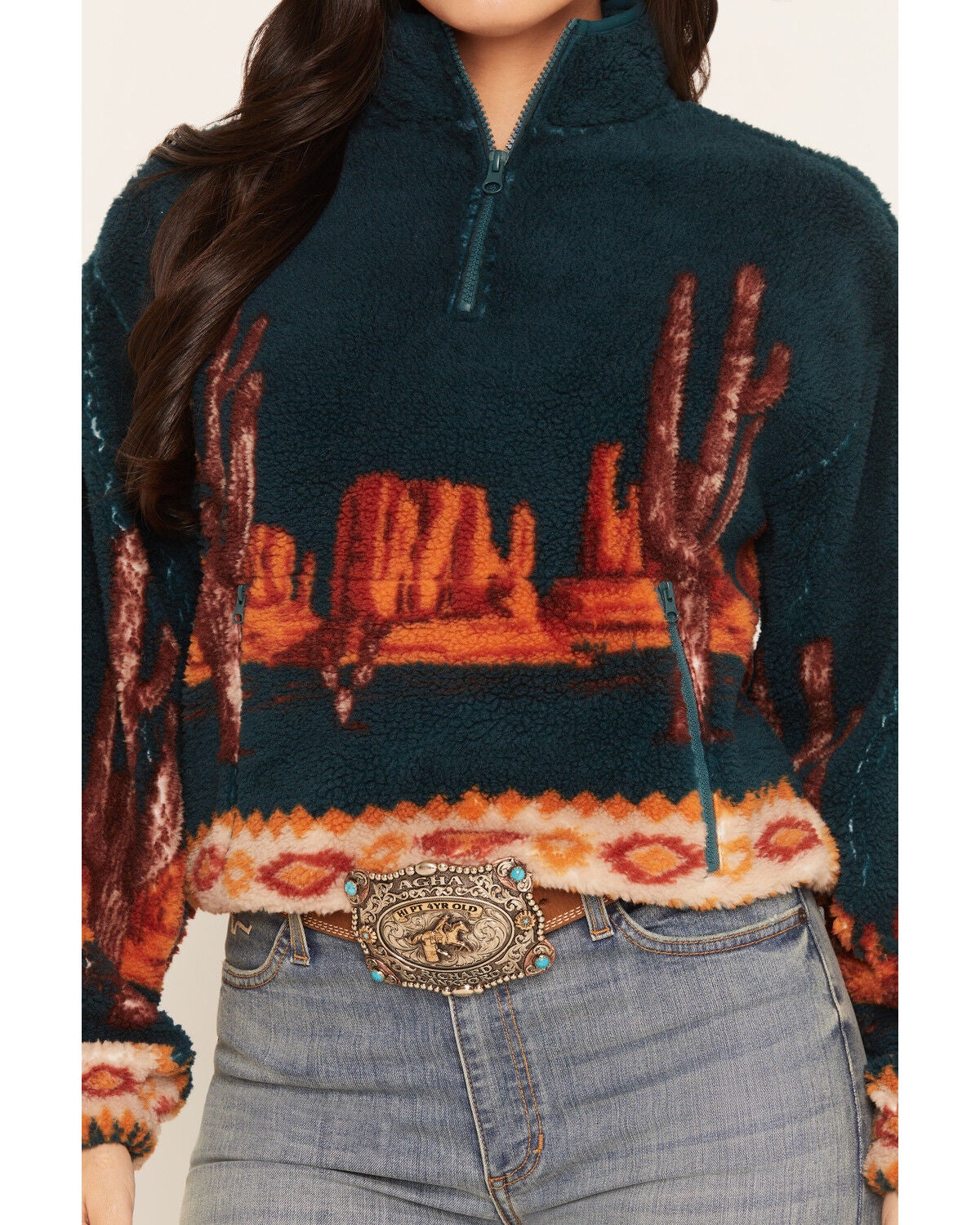 Image #3 - Panhandle Women's Desert Print 1/4 Zip Sherpa Pullover, Teal, hi-res