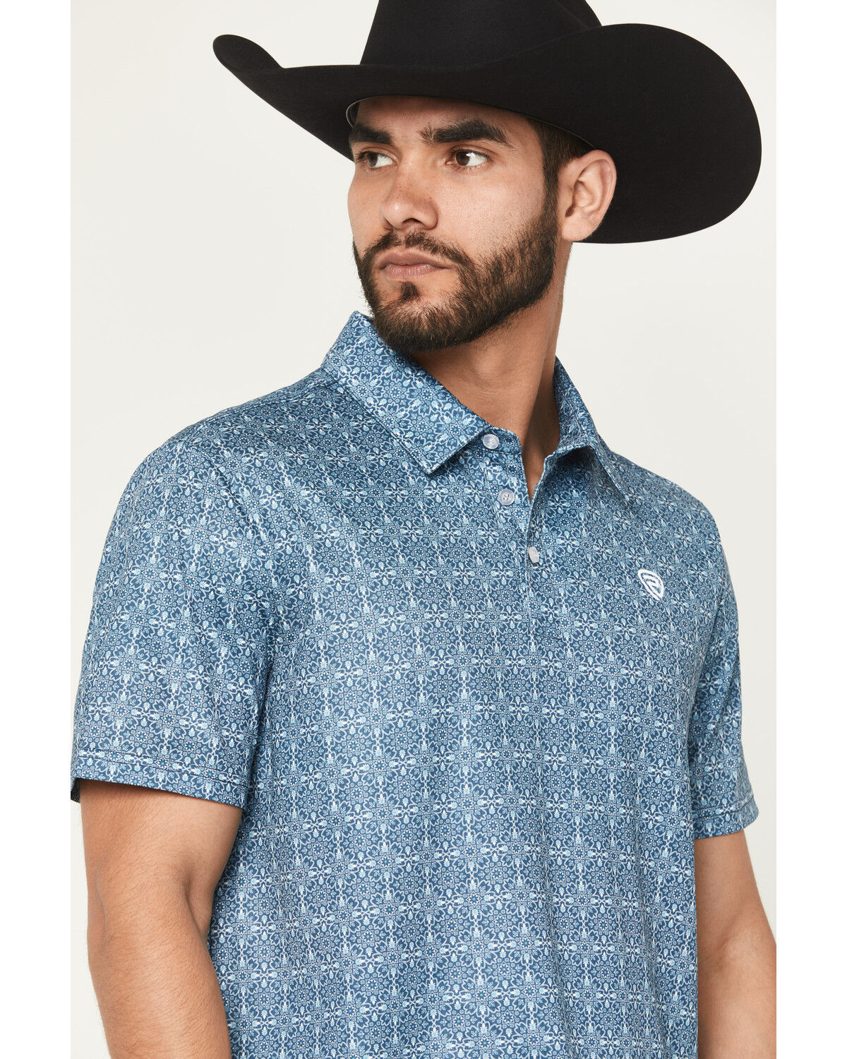 Image #2 - Rock & Roll Denim Men's Medallion Print Short Sleeve Button-Down Stretch Polo Shirt, Blue, hi-res