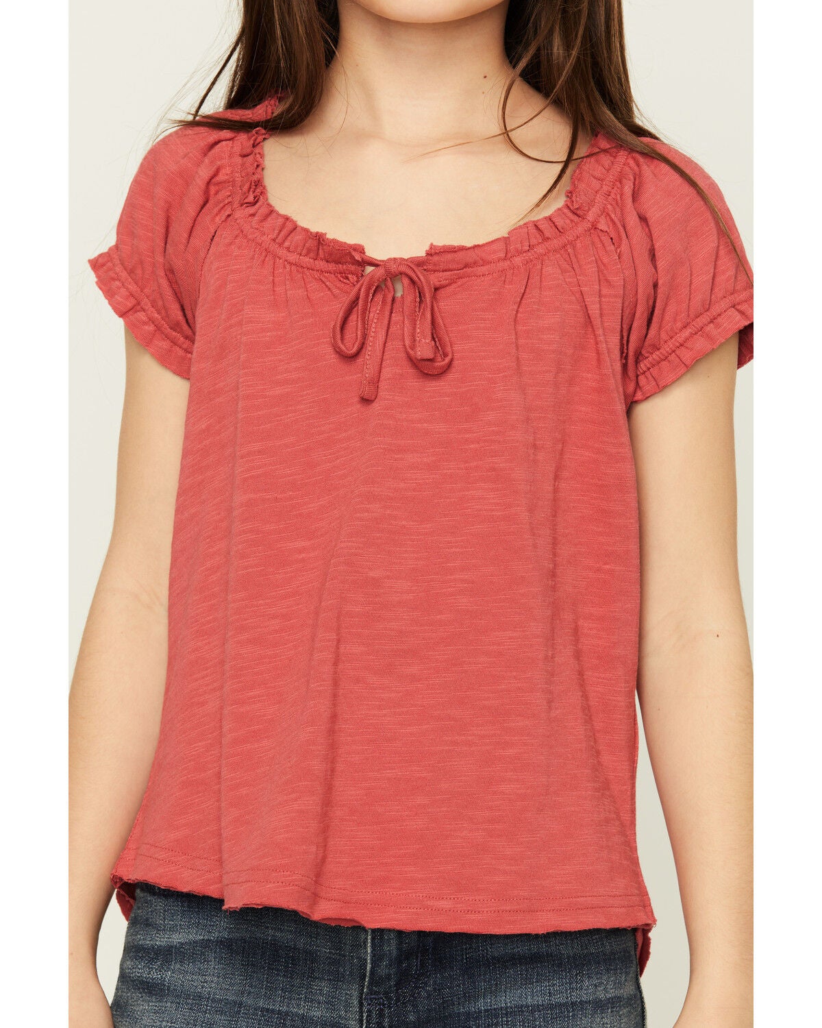 Image #3 - Shyanne Girls' Bow Front Short Sleeve Top, Dark Red, hi-res