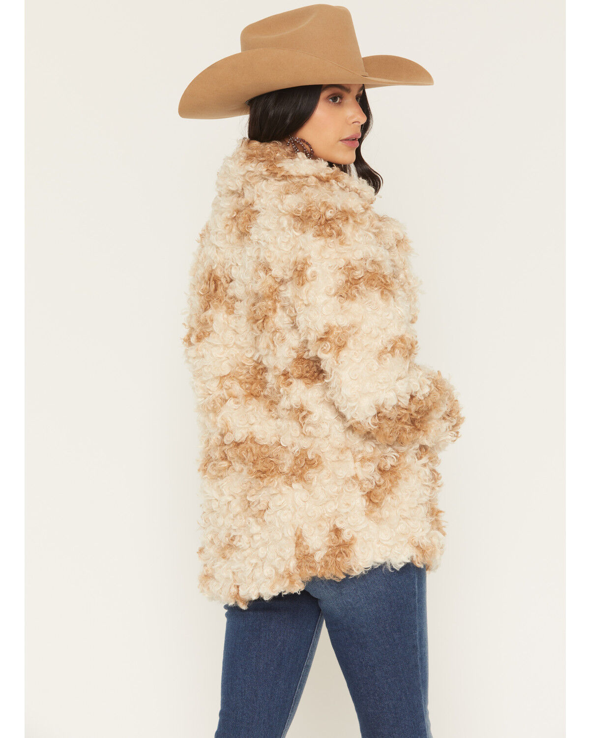 Image #4 - Shyanne Women's Perry Faux Fur Curly Cow Print Snap Coat, Cream, hi-res