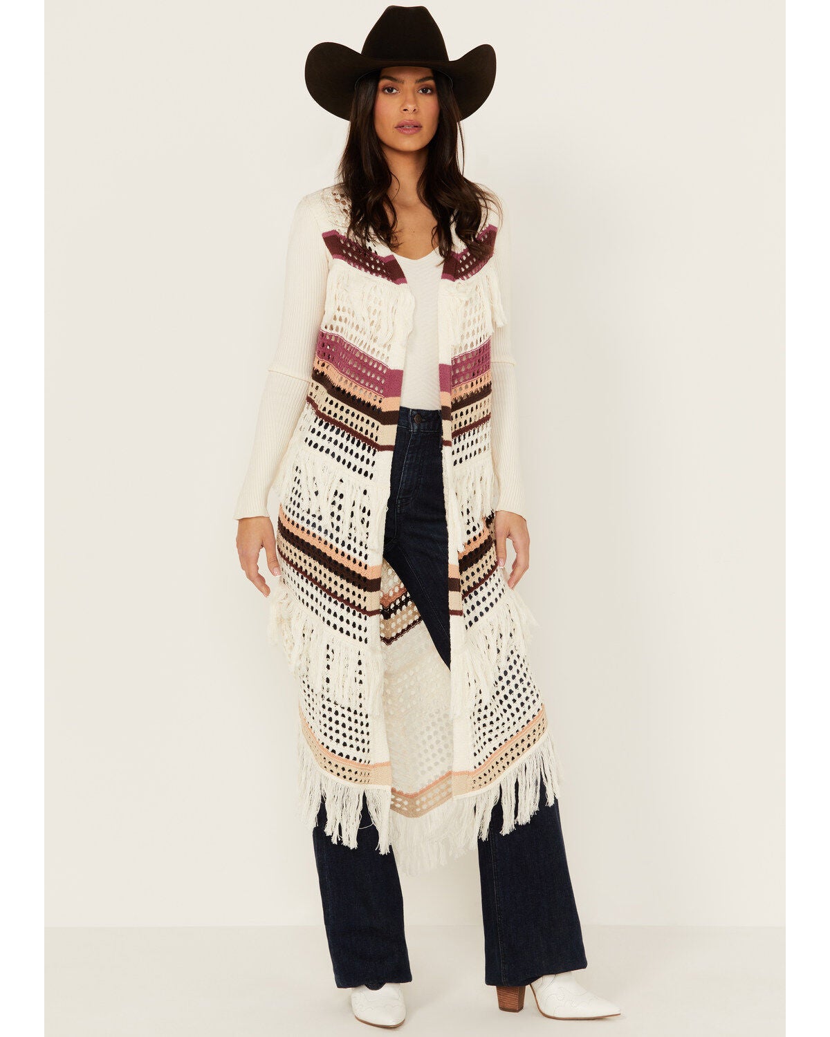 Shyanne Women's Long Striped Crochet Fringe Sweater Vest, Cream, hi-res