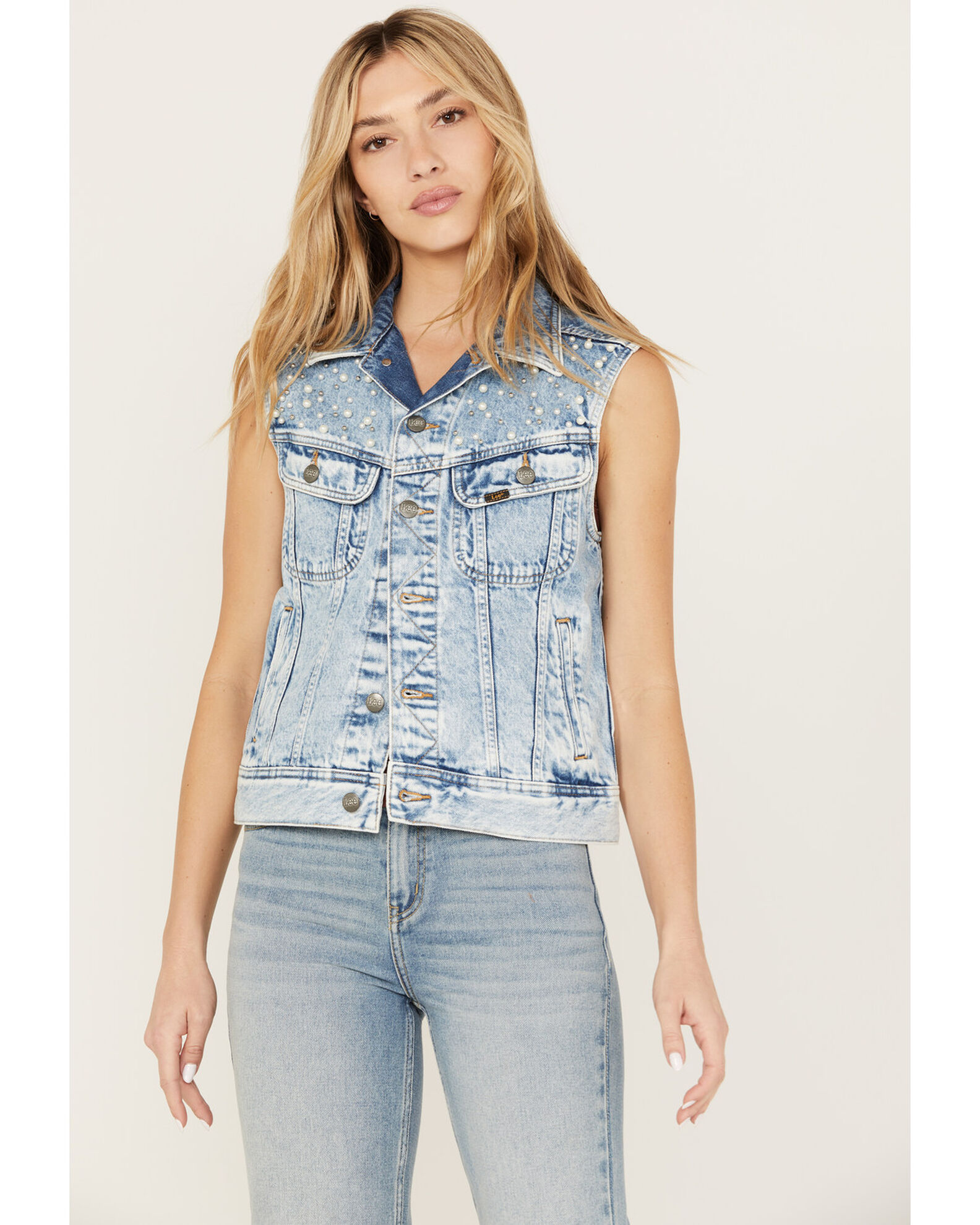 Lee Women s Light Wash Acid Wash Denim Pearl Vest