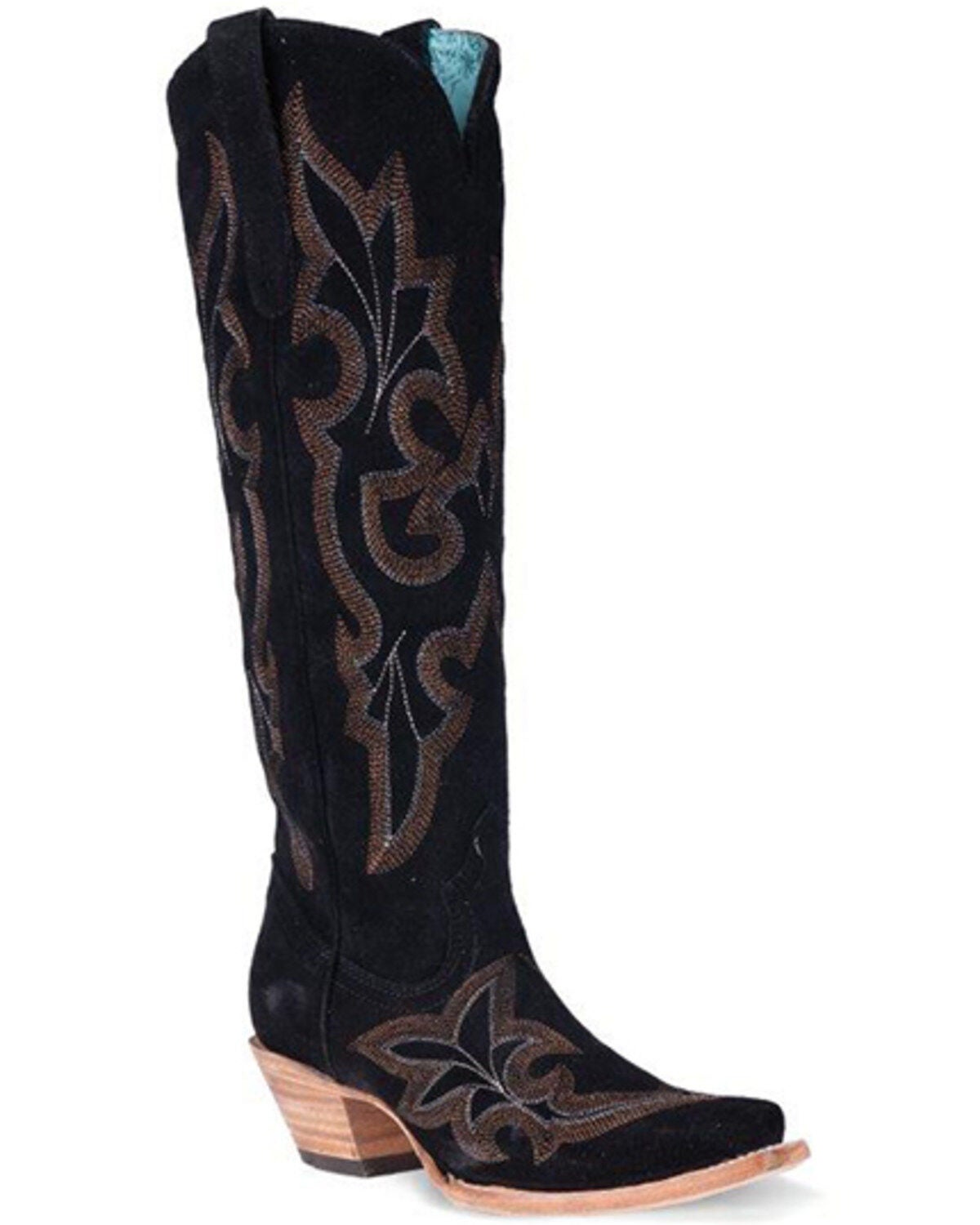 Corral Women's Suede Embroidered Tall Western Boots - Snip Toe, Black, hi-res