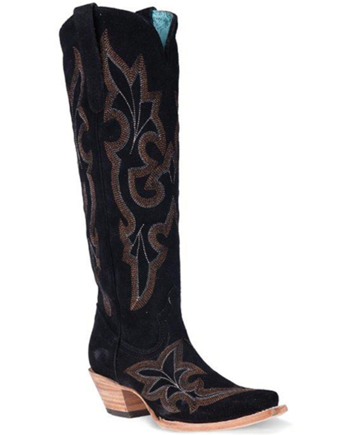 Image #1 - Corral Women's Suede Embroidered Tall Western Boots - Snip Toe, Black, hi-res