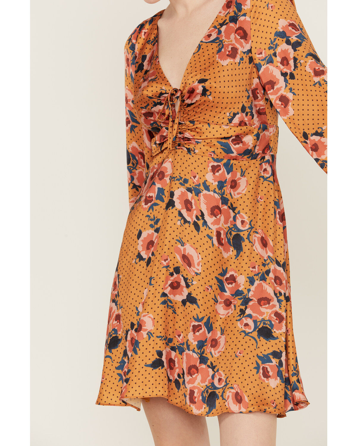 Image #3 - Beyond The Radar Women's Floral Dot Satin Long Sleeve Mini Dress, Mustard, hi-res