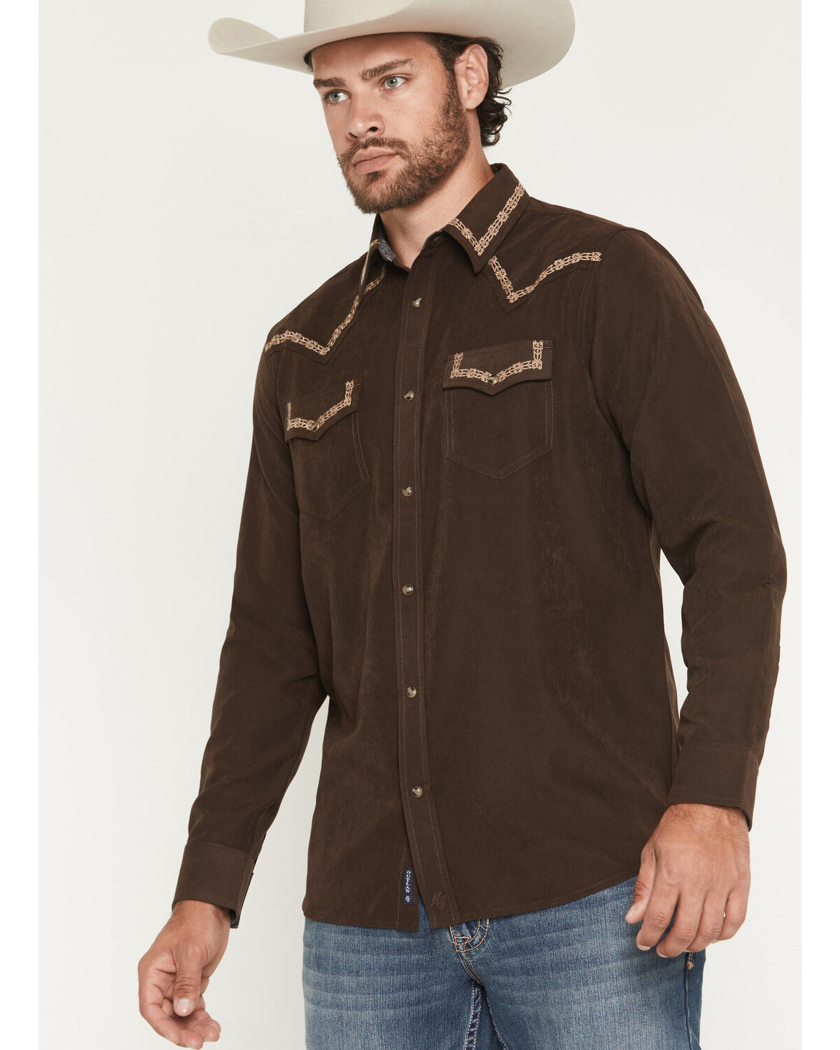 Image #1 - Moonshine Spirit Men's Front Stage Embroidered Solid Long Sleeve Snap Western Shirt, Dark Brown, hi-res