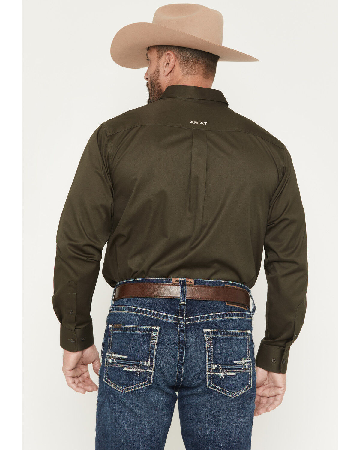 Image #4 - Ariat Men's Logo Solid Twill Long Sleeve Button-Down Western Shirt, Olive, hi-res