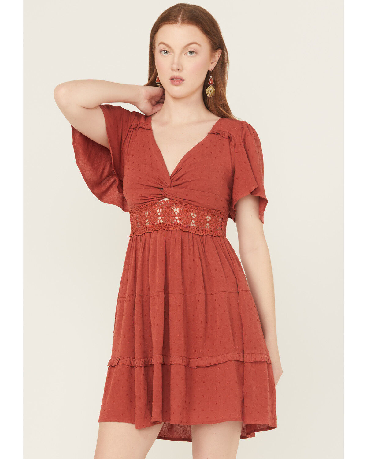 Product Name:  Wild Moss Women's Crochet Inset Twist Front Short Sleeve Mini Dress