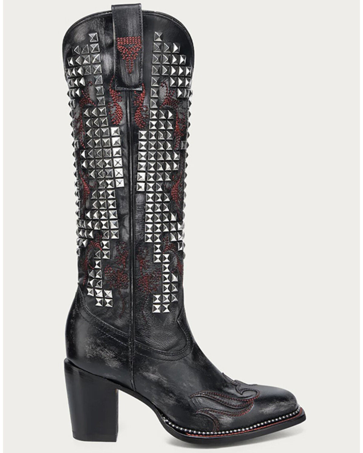 Image #2 - Corral Women's Studded Embroidery Tall Western Boots - Square Toe, Black, hi-res