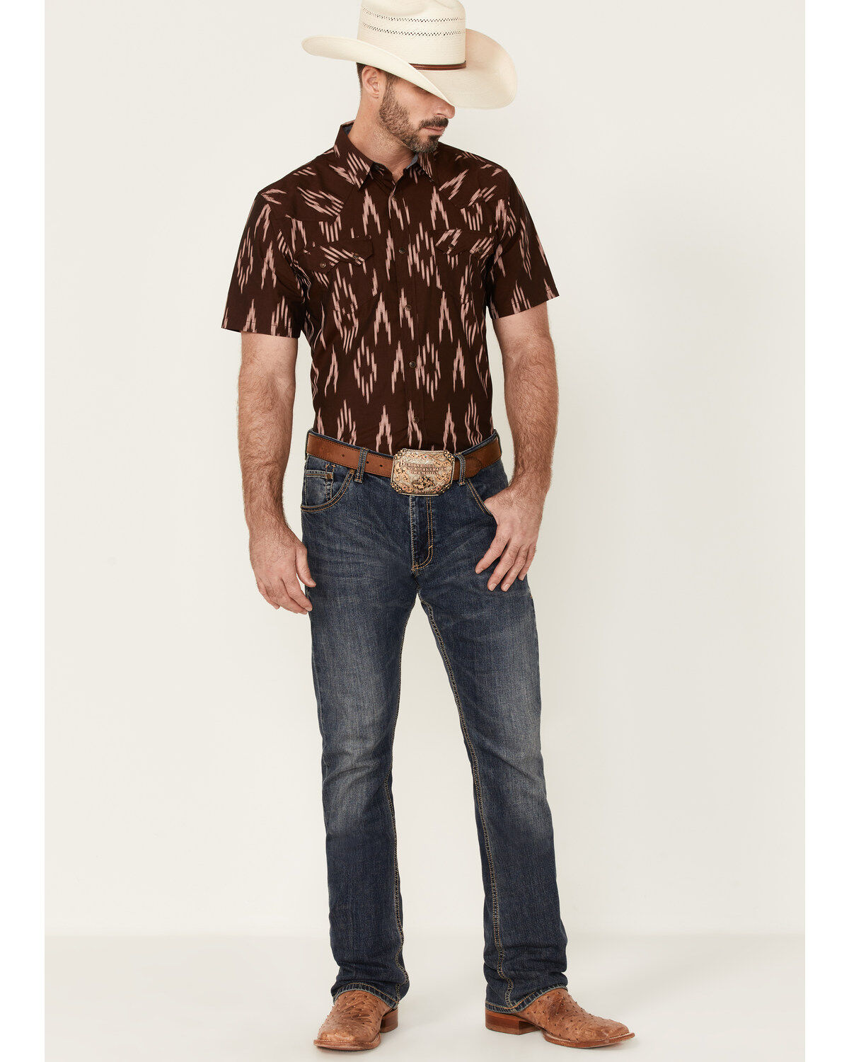 Image #2 - Cody James Men's Treaty Southwestern Print Short Sleeve Snap Western Shirt, Burgundy, hi-res