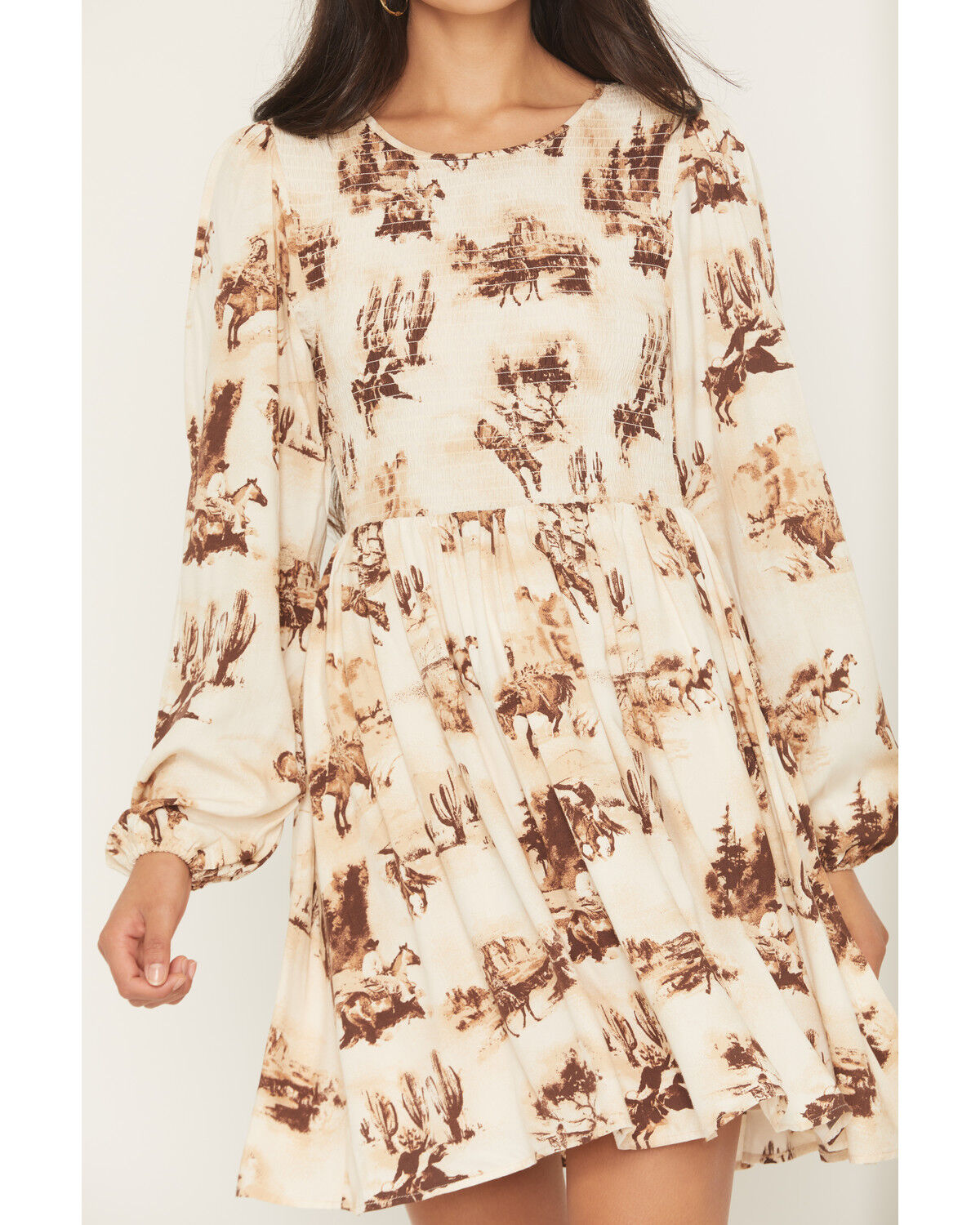Image #3 - Wrangler Retro Women's Horses Conversational Print Long Sleeve Smocked Mini Dress, Cream, hi-res