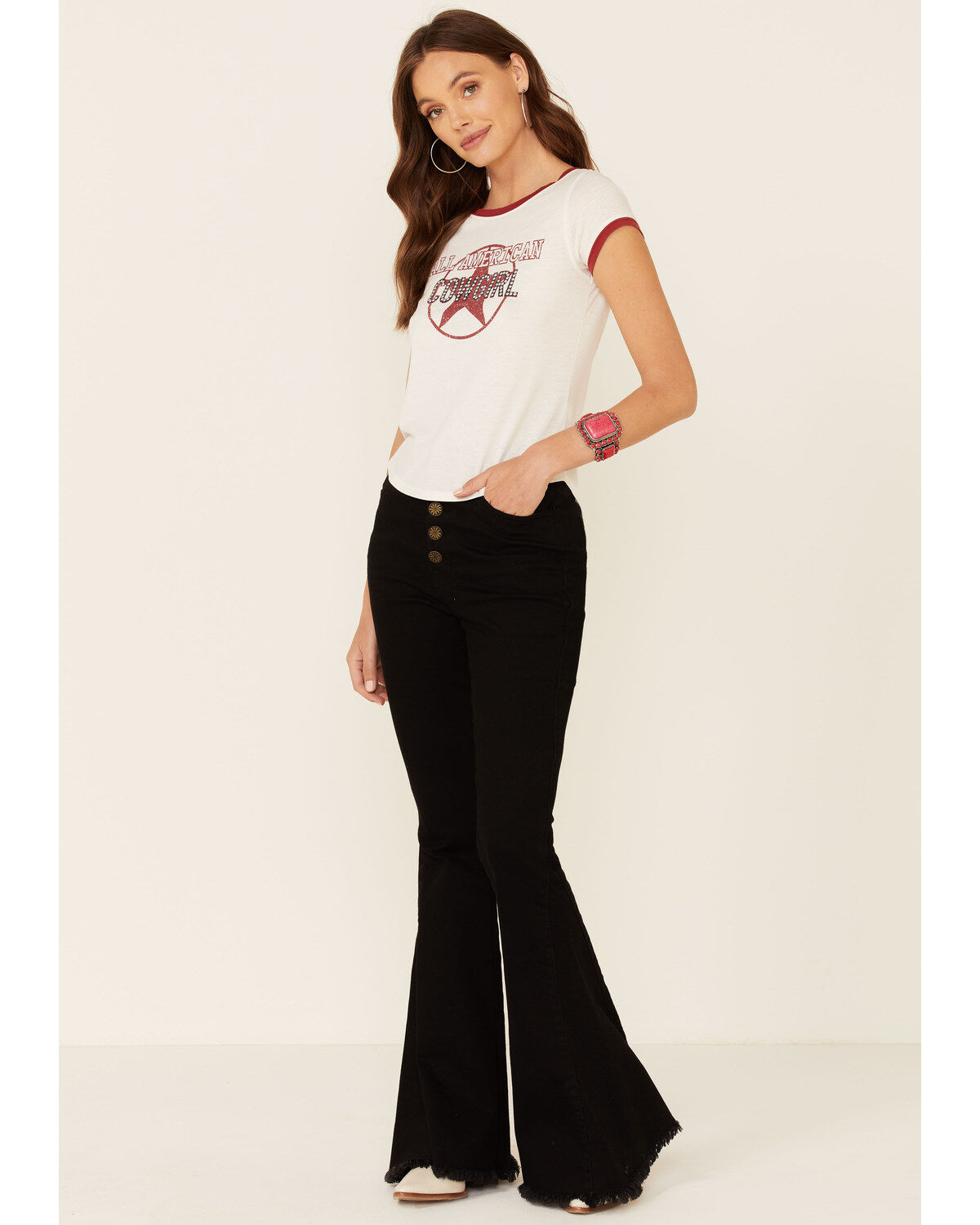 Image #2 - Shyanne Women's All-American Cowgirl Graphic Short Sleeve Ringer Tee, White, hi-res
