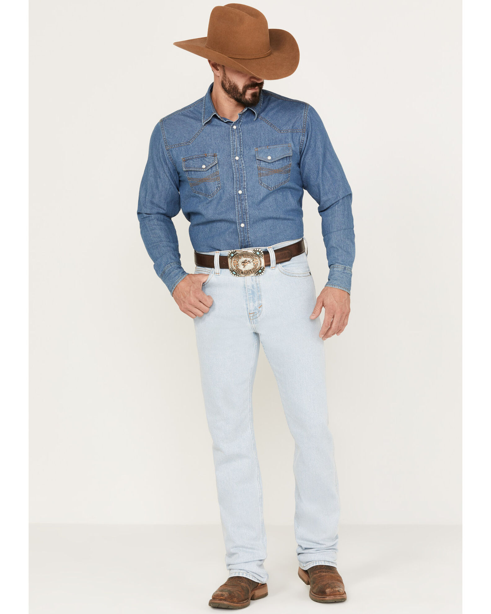 Boots with light blue jeans sales