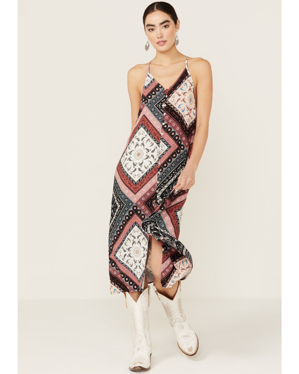 Shyanne Women's Patchwork Printed Sleeveless Midi Dress, Indigo, hi-res