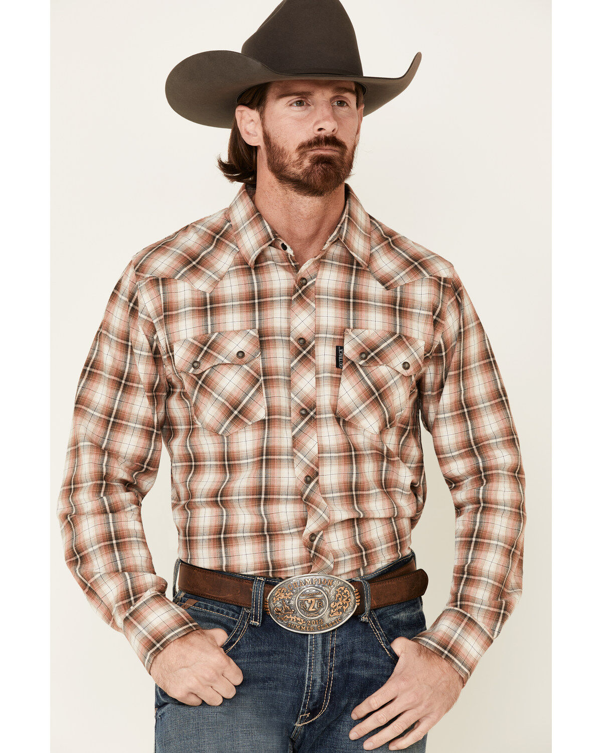 Image #1 - Outback Trading Co. Men's Brown Logan Performance Plaid Long Sleeve Western Flannel Shirt, , hi-res