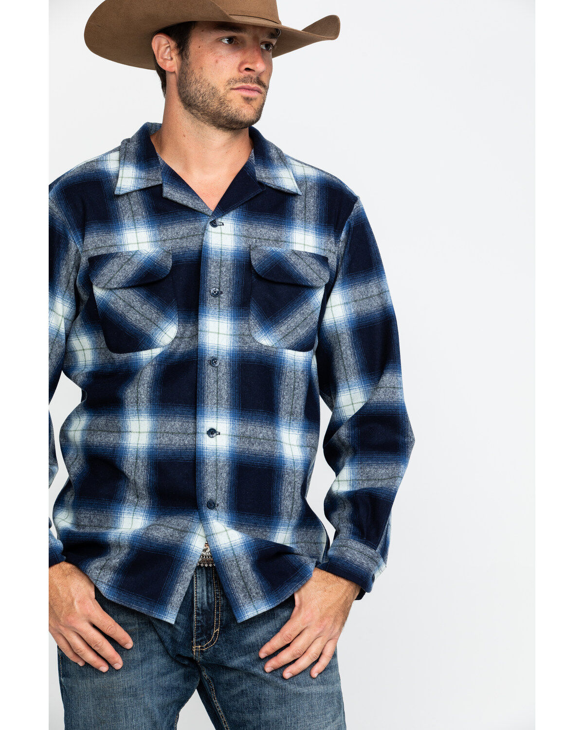 Image #4 - Pendleton Men's Navy Board Oxford Plaid Long Sleeve Western Shirt, Navy, hi-res