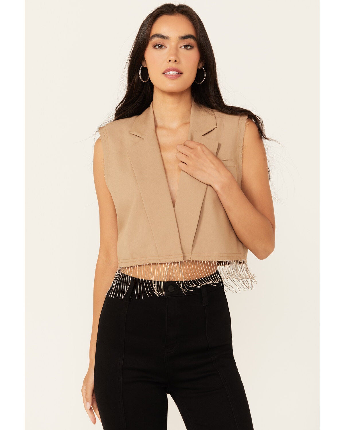 Vocal Women's Cropped Blazer Fringe Vest, Taupe, hi-res