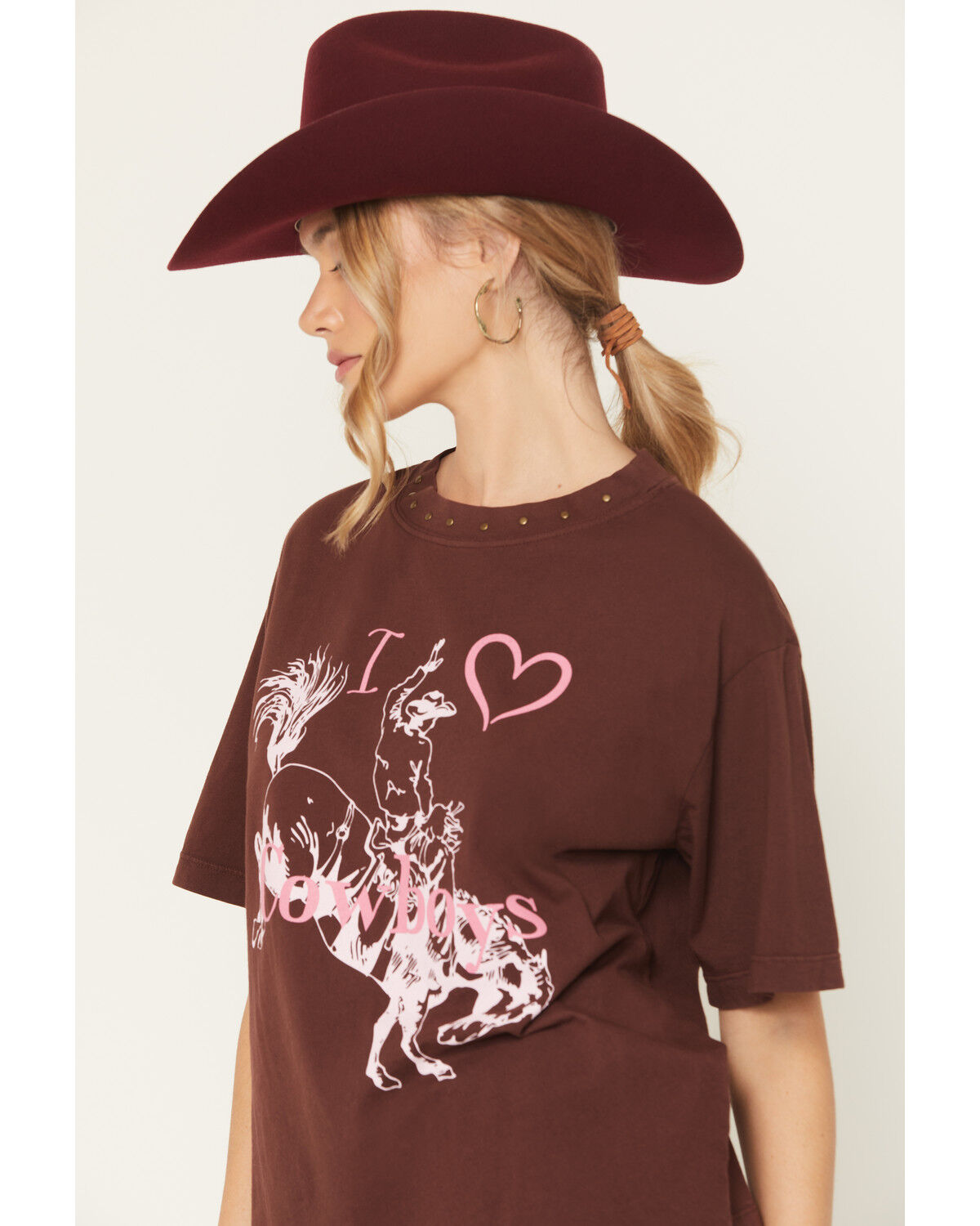Image #2 - All Us Women's Cowboy Embellished Short Sleeve Graphic Tee, Brown, hi-res