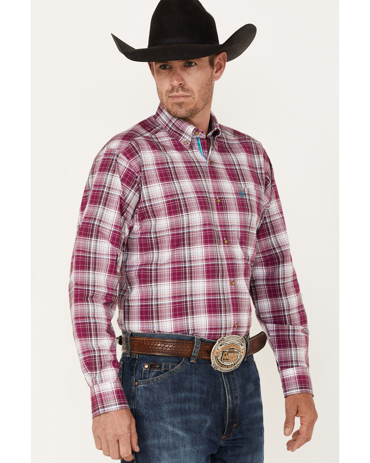 Image #2 - Ariat Men's Fosco Pro Stretch Plaid Button Down Western Shirt, Pink, hi-res