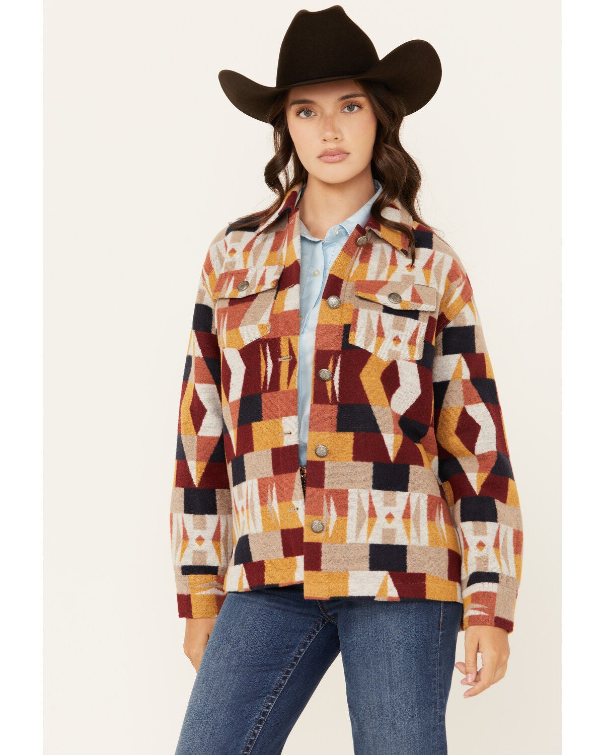 Shyanne Women's Geo Southwestern Print Shacket, Chocolate, hi-res